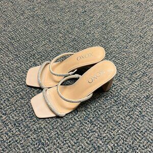 XOXO Nude Rhinestone Heels – Square Toe Block Sandals